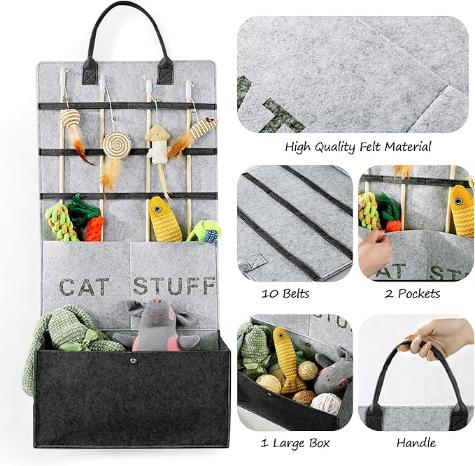 MABOZOO Cat Toy Storage Organizer for Wand Toys,Durable Pet Storage Box with Handle Cat Feather Toy Storage Hanging Bag for Neatly Organizing Teaser Wand Toys(Dark Grey)