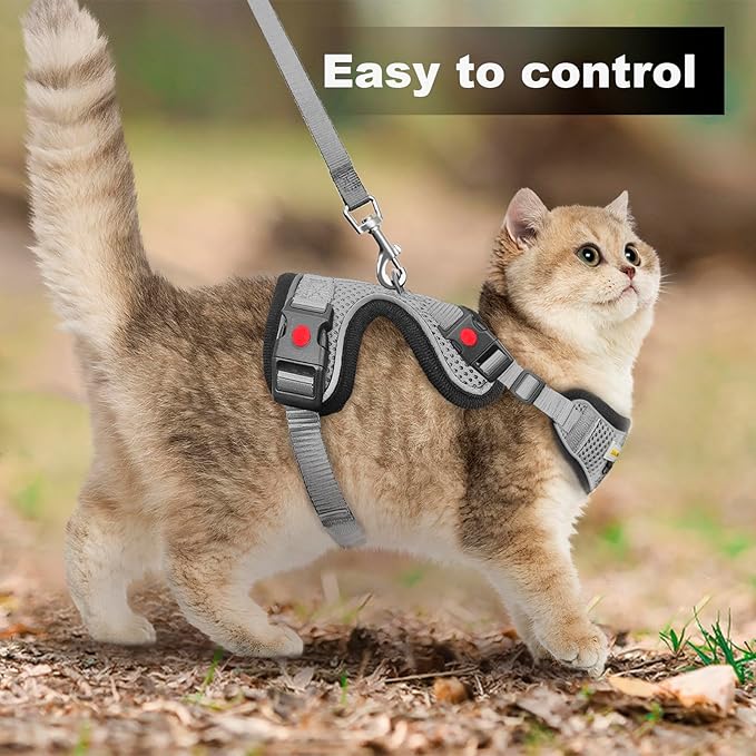 Cat Harness and Leash for Walking, Retractable Cat Harnesses and Leash Set Escape Proof, Breathable Soft Kitten Harness Small Large Cat Harness for Travel Training and Walking, Grey, XS