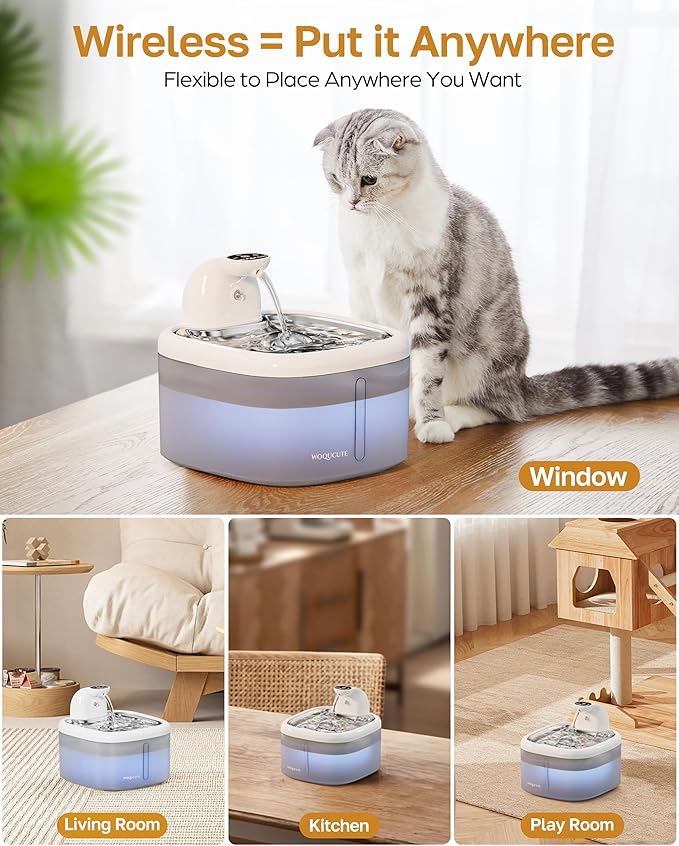 Wireless Cat Water Fountain with Stainless Steel Lid, 118oz/3.5L Quiet Cordless Cat Drinking Fountain with Replacement Filters, Automatic Pet Water Dispenser for Cats, Dogs