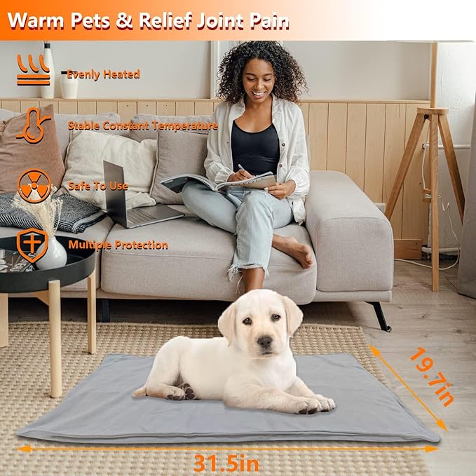 TJOY Pet Heating Pad Electric Heating Pad for Dogs and Cats Indoor Warming Mat Heated Pet Bed with Auto Power Off (Large: (32''x20''))
