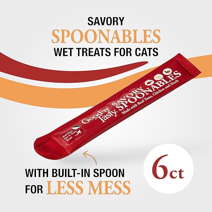 Good ‘n’ Tasty Savory Spoonables with Real Tuna, Chicken & Duck, 6 Count Tube, Triple Flavor Squeezable Lickable Wet Treats for Cats with Built-in Spoon for Less Mess