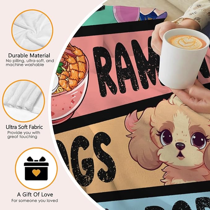 Anime Blanket Gifts for Girls - Kawaii Decor for Women, Ramen Dogs Boba Flannel Blanket - Luxurious Warm and Cozy XL 90x120 Inch for Family