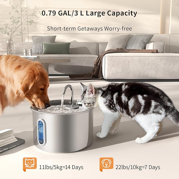 Stainless Steel Cat Water Fountain, 3L/101oz Pet Water Fountain, Dog Waterer with Quiet Pump and 4-Layer Filtration for Cats and Dogs