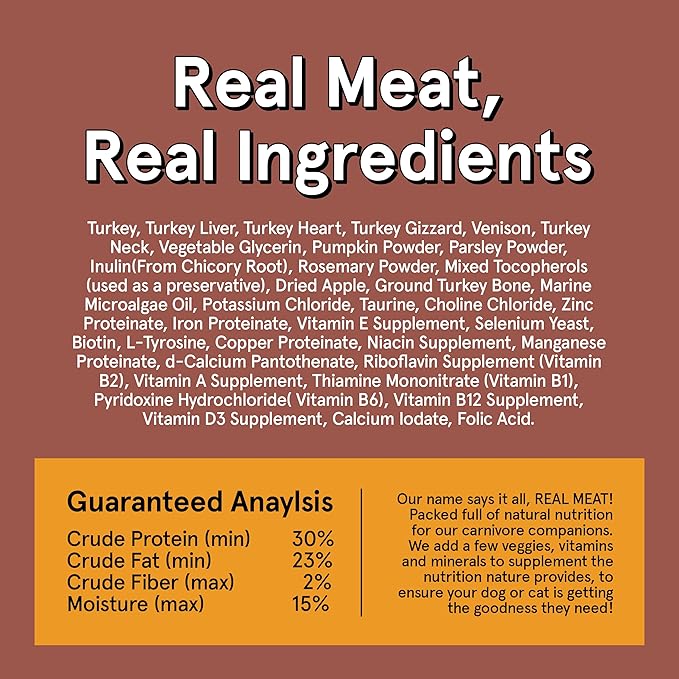 Real Meat Air Dried Dog Food w/Real Turkey & Venison - 5oz Bag of Grain-Free Real Meat Dog Food Sourced from Free-Range Turkey & Deer - Digestible, All-Natural, & High-Protein Turkey and Venison