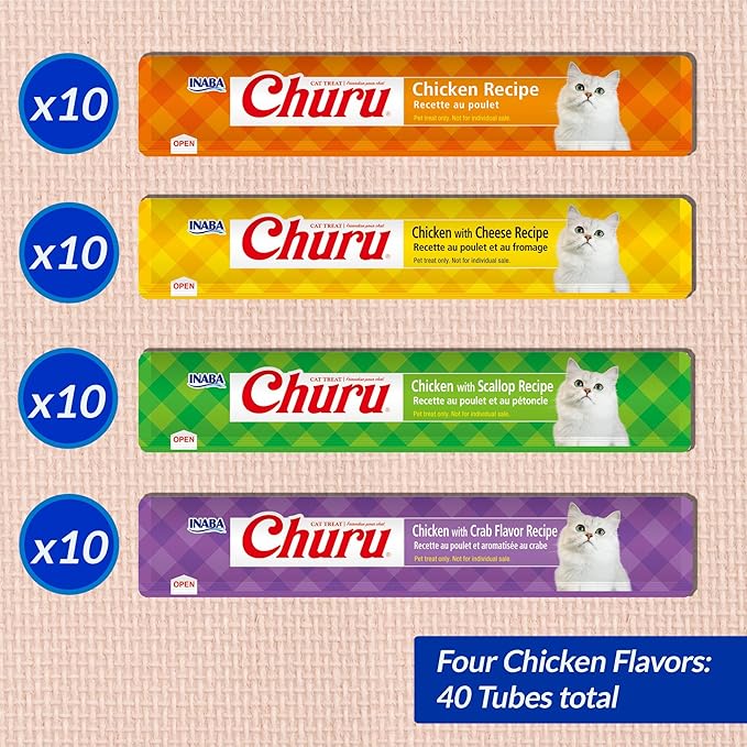 INABA Churu Cat Treats, Grain-Free, Lickable, Squeezable Creamy Purée Cat Treat/Topper, 0.5 Ounces Each Tube, 40 Tubes, Chicken Varieties Box