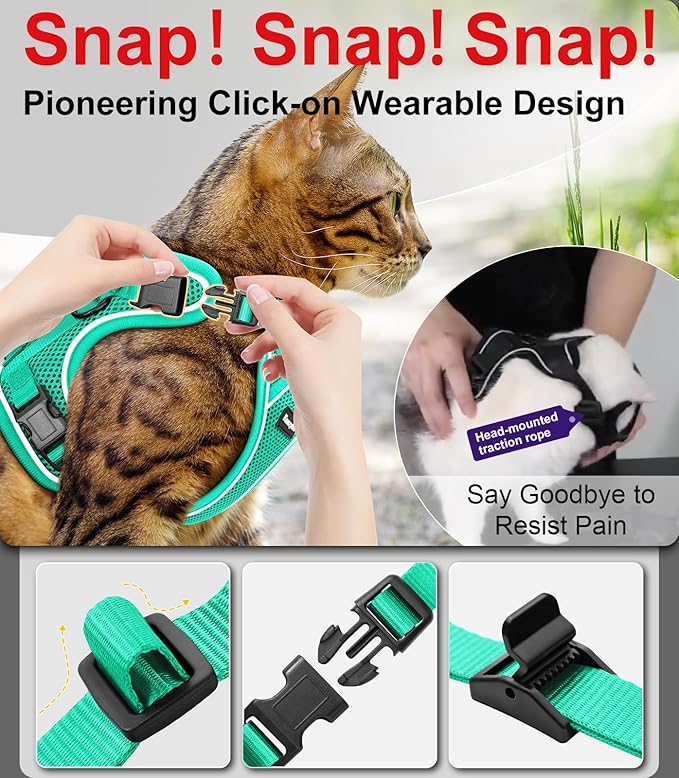Cat Harness and Leash for Walking Escape Proof Soft Adjustable Cat Leash Breathable Comfortable Vest Easy to Wear Kitten Harness for Outdoor Travel Emerald M