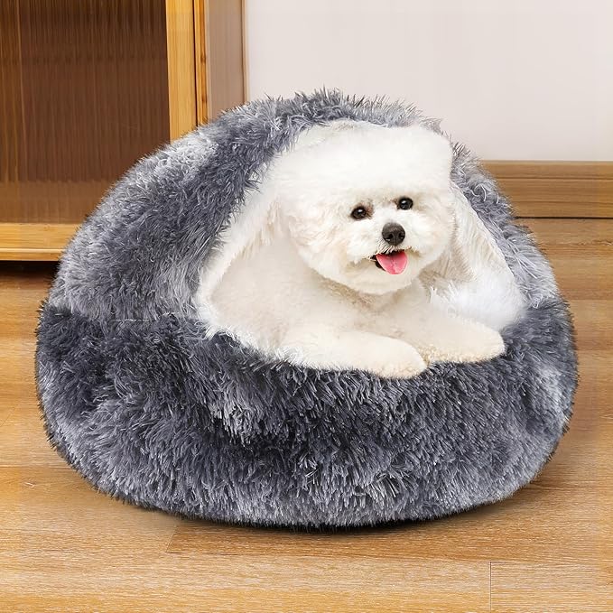 NOYAL Dog Bed Round Hooded Plush Cat Cave Donut Anti Anxiety Fluffy Dog Bed for Small Medium Dog and Cat