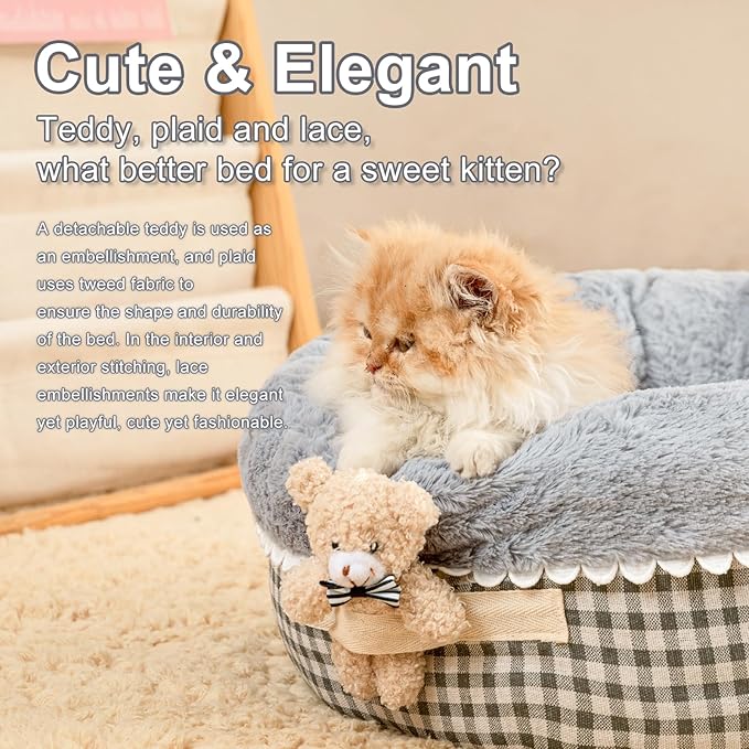 Jiupety Teddy Donut Bed for Indoor Cats, Washable & Warm Small Dog Bed, Cute Fluffy Round Kitten Bed, Suitable for Cat and Puppy, Anti-Slip Calming Princess Kitty Bed, Gray, 20"×20", Fit 12lbs