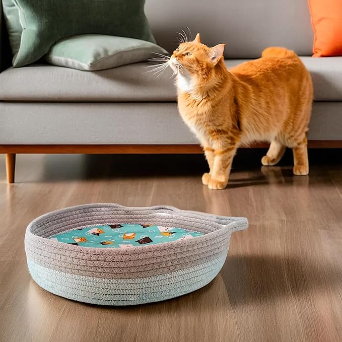 Round Cat Bed for Indoor Cats, Cat Basket Bed, Wicker Cat Donut Beds, Cooling Cat Nest for Summer Sleeping, Washable Pet Pad for Cat Scratching, Blue Grey
