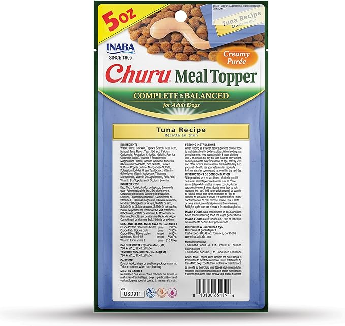 INABA Churu Meal Topper for Dogs, Complete & Balanced, Creamy, Lickable Purée Dog Food Toppers, 1.69 Ounce Tube, 3 Tubes (3 per Pack), Tuna Recipe