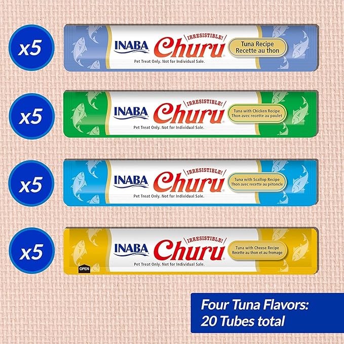 INABA Churu Cat Treats, Lickable, Squeezable Creamy Purée Cat Treat with Green Tea Extract & Taurine, 0.5 Ounces Each Tube, 20 Tubes, Tuna Variety Box
