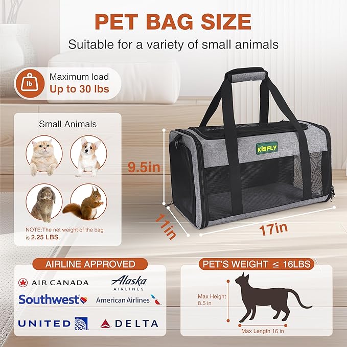 TSA Approved Pet Carrier for Small Cats Dogs 17x11x9.5 Inches, Pet Travel Carrier for Small Dogs Up to 16 Lbs, Soft-Sided Cat Bag Animal Carriers Travel Puppy Carry As a Toy of Fabric Pet Home, Gray