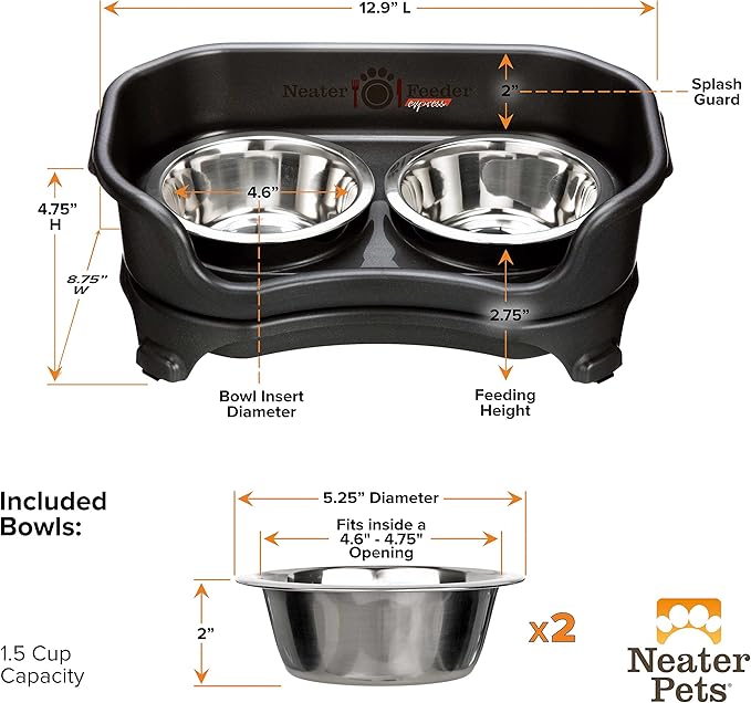 Neater Feeder Express Mess Proof Dog Bowls Elevated for Small Dogs – Made in USA – No Spill Raised Dog Food Bowl Stand, Stainless Steel Dog Food and Water Bowl Set, Elevated Dog Bowl Set, Black