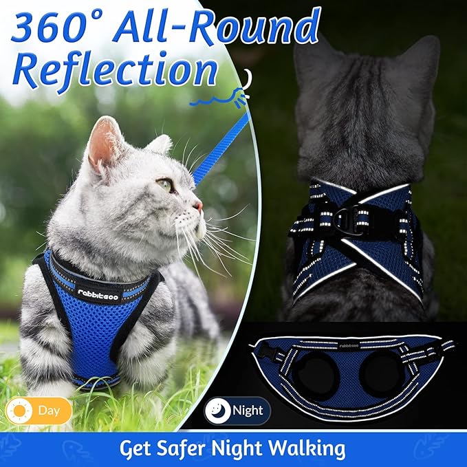 rabbitgoo Cat Harness and Leash Set for Walking Escape Proof, Adjustable Soft Kittens Vest with Reflective Strip for Cats, Comfortable Outdoor Vest,Blue,L