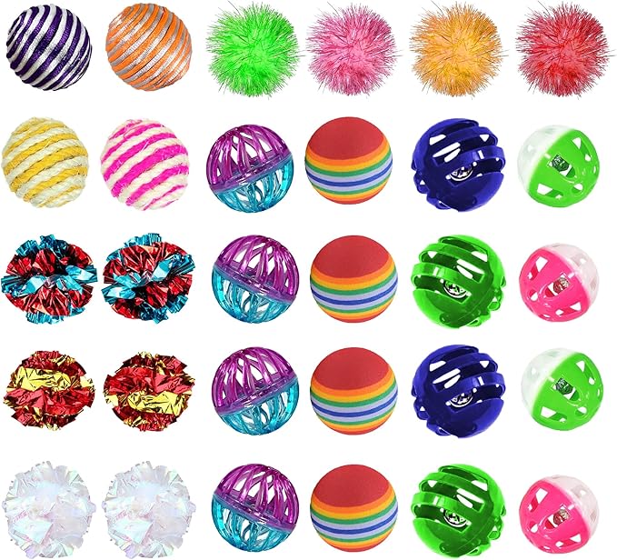SunGrow Mix Balls for Ferrets, Multi-Sensory Fun Activity Set, Mind and Body Exercise, Teeth Care, Pet Enrichment, Assorted Foam, Jingle, Crinkle, Sisal, Coil, Pompom Balls, 30 Pcs