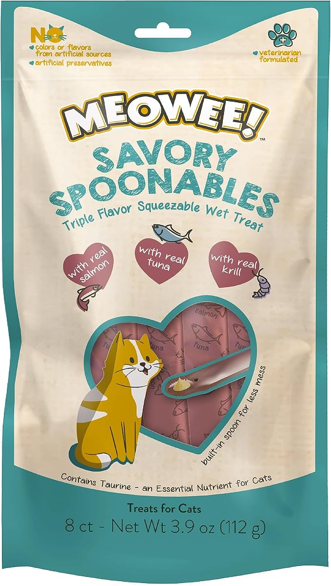 Savory Spoonables with Real Salmon, Tuna & Krill, 8 Count Tube, Triple Flavor Squeezable Lickable Wet Treats for Cats with Built-in Spoon for Less Mess