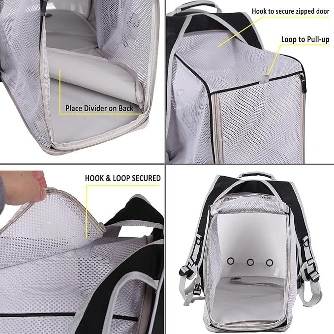 Dual Extension Pet Backpack Carrier for Large Cat and Small Puppy up to 20 Pounds, Clear Space Capsule Astronaut Transparent Bubble Window Pet Vet Travel Visit Bag