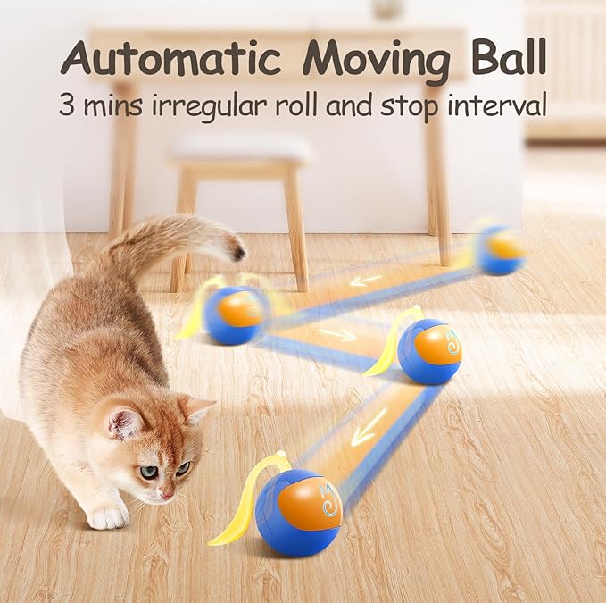 Migipaws Interactive Cat Ball Toy Set, Fun Tracker, Automatic Rolling Chase Ball with Fluffy Tail, A Small Mice, Rechargeable(Blue)