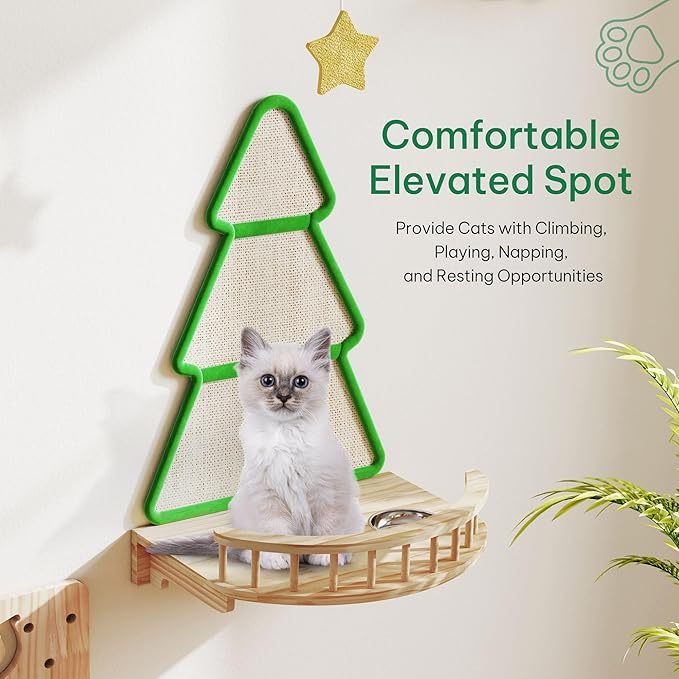 YITAHOME Christmas Solid Wood Cat Wall Shelves and Perches for Wall, Pine Wall Mounted Cat Tree 13 Piece Set, Cat Climbing Shelves with House, Mat, Christmas Tree Scratcher, Feeding Bowl for Cats