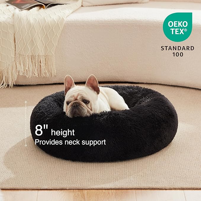 Love's cabin 20in Cat Beds for Indoor Cats - Cat Bed with Machine Washable, Waterproof Bottom - Black Fluffy Dog and Cat Calming Cushion Bed for Joint-Relief and Sleep Improvement