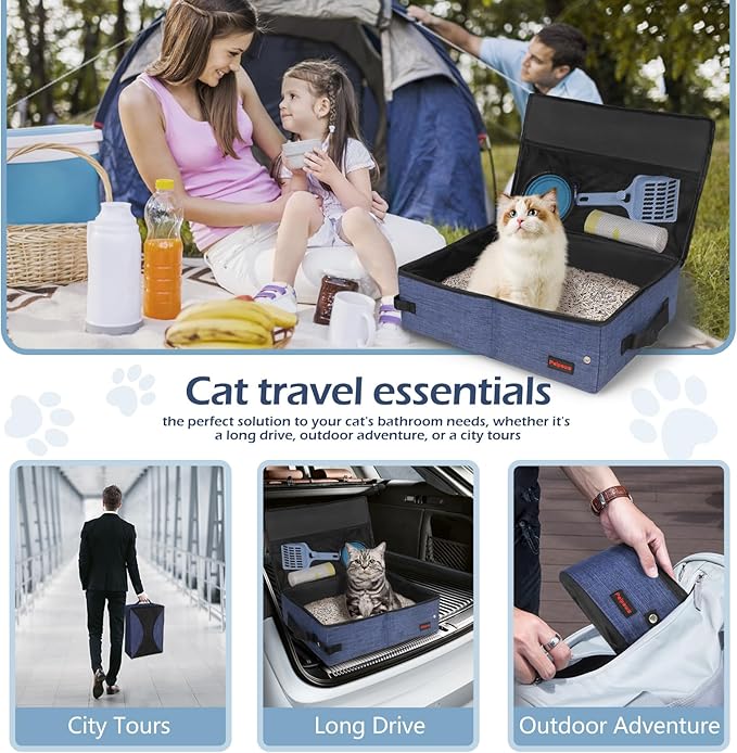 Portable Litter Box for Cats for Travel with Zipper Leak-Proof Lid, Double Carry Handles, Collapsible Litter Box for Cats, Waterproof. Includes Bonus Water Bowl+Scooper+Poop Bags (Blue,M)