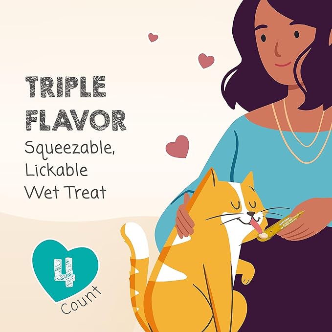 Savory Spoonables with Real Chicken, Salmon & Duck, 4 Count Tube, Triple Flavor Squeezable Lickable Wet Treats for Cats with Built-in Spoon for Less Mess