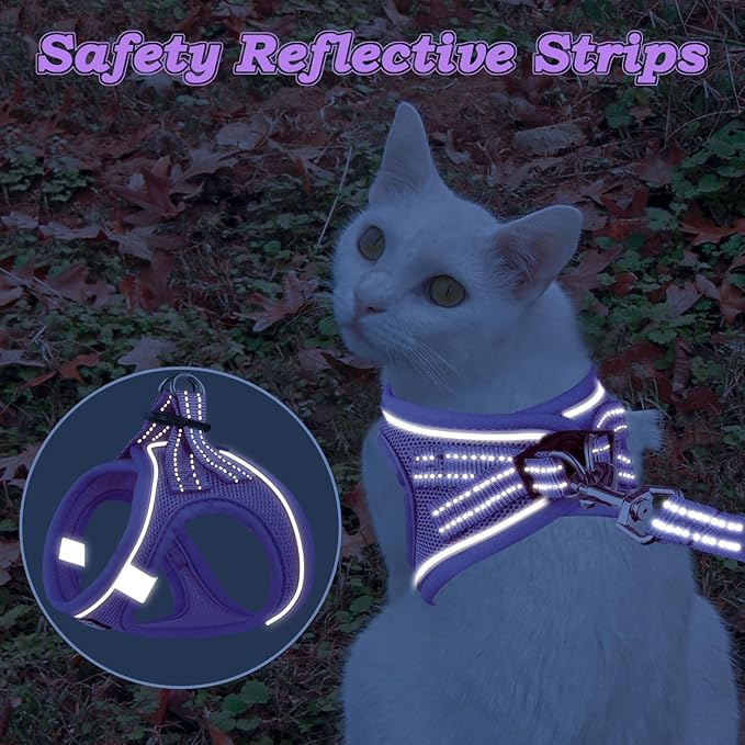 Cat Harness and Leash for Walking Escape Proof, Adjustable Kitten Vest Harness Reflective Soft Mesh Puppy Harness for Outdoor, Comfort Fit, Easy to Control (Purple, S)