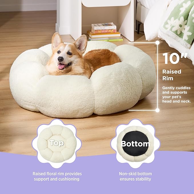 Lesure Calming Large Dog Bed - Flower Donut Round Fluffy Puppy Bed in Plush Teddy Sherpa, Non-Slip Cute Flower Dog Beds, Large Pet Bed Fits up to 100 lbs, Machine Washable, Cream 36"