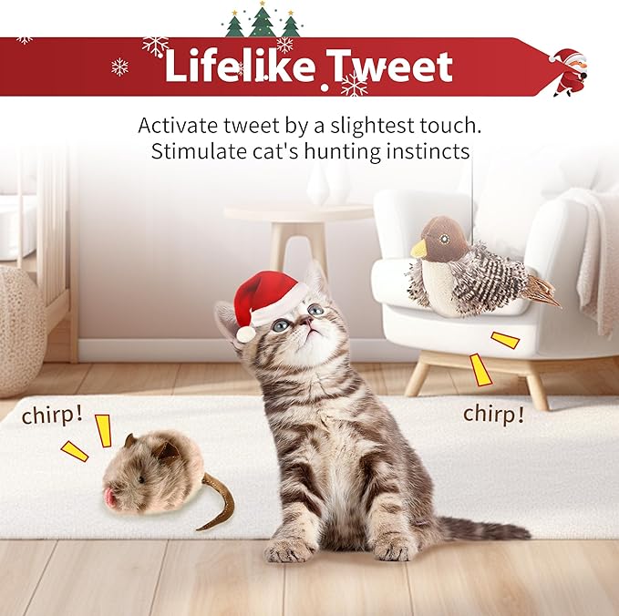 PETGEEK GiGwi Chirping Bird Cat Toys 2 Pcs - Melody Chaser Realistic Bird & Mouse Plush Toy - Hangable Design Best Gift for Birthday, Thanksgiving, Christmas, New Year (Bird Mouse Set)