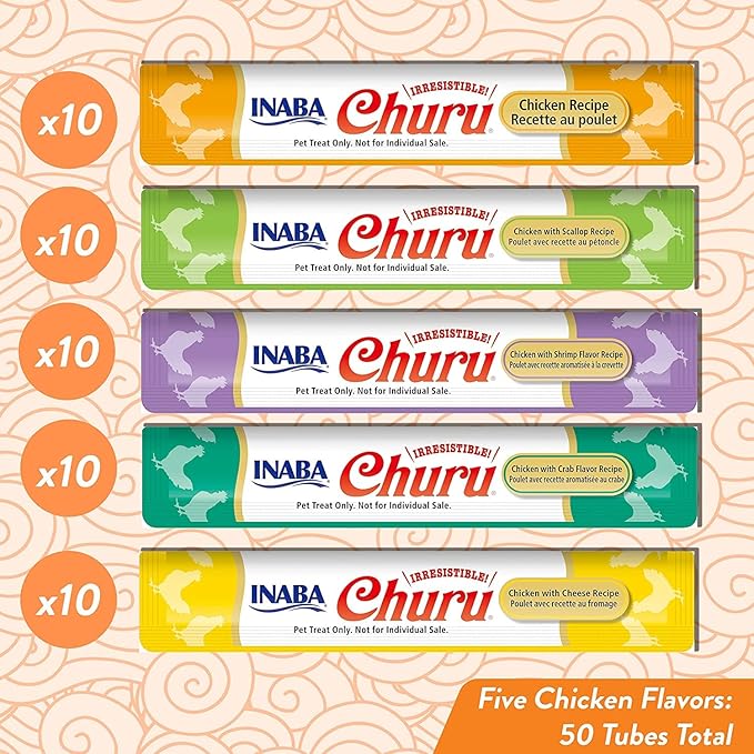 INABA Churu Cat Treats, Grain-Free, Creamy Purée Cat Treat/Topper, Chicken Variety