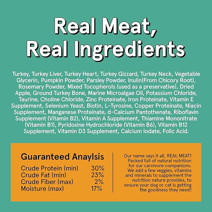 Real Meat Air Dried Dog Food w/Real USA Turkey - 5oz Bag of Grain-Free Real Meat Dog Food Sourced from Free-Range, Cage-Free Turkey - Digestible, All Natural, High Protein Turkey