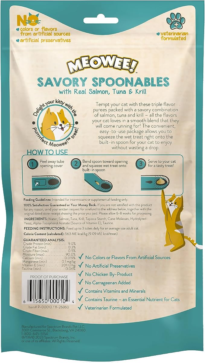 Savory Spoonables with Real Salmon, Tuna & Krill, 8 Count Tube, Triple Flavor Squeezable Lickable Wet Treats for Cats with Built-in Spoon for Less Mess