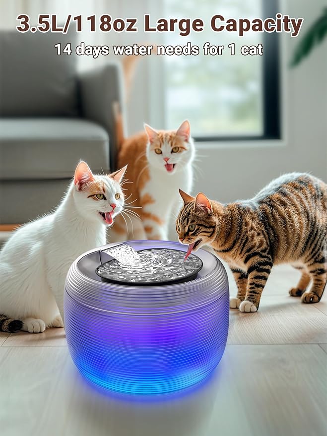 Kastty Quiet Cat Water Fountain, 3.5L/118oz Large Capacity Pet Water Fountain for Cats Fountain Indoor with Water Level LED Light, Easy Cleaning Cat Fountains for Drinking Automatic Dog Water Fountain