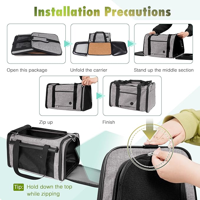 YUDODO 25 lbs Lightproof Pet Carriers Airline Approved Dog Cat Travel Soft Sided Carrier Reflective Mesh Safe Pet Cat Carrier Foldable Portable Small Animal Rabbit Puppy Cat Carrier Grey