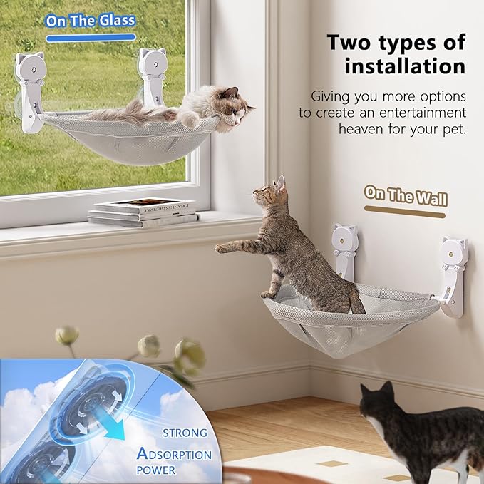 Cat Window Perch Cordless, Foldable & Stable Cat Beds- Breathable Cat Window Hammock for Overlooking, Sunbathing and Climbing - Maximum Hold Up to 40lb(Gray,Mesh)