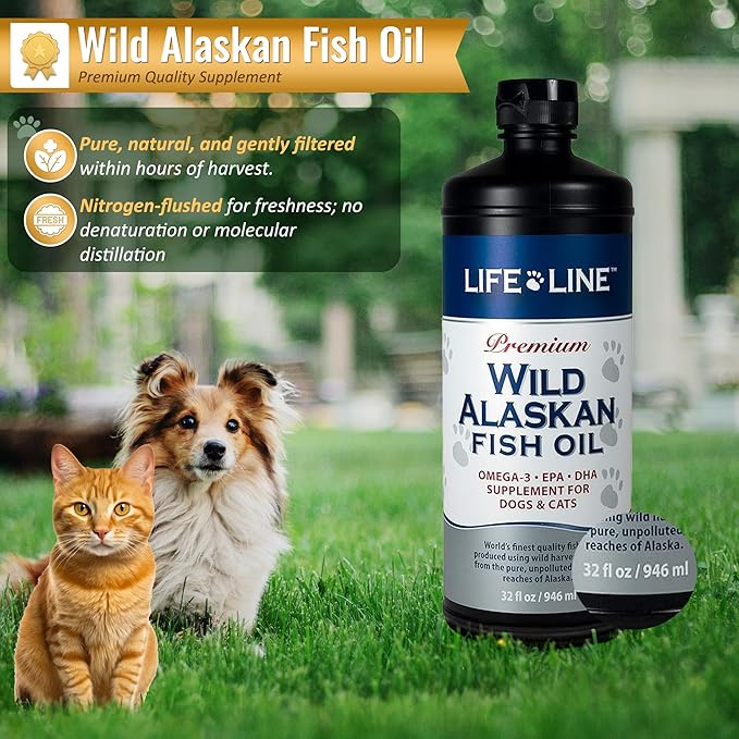 Life Line Pet Nutrition Wild Alaskan Fish Oil Omega-3 Supplement for Skin & Coat – Supports Brain, Eye & Heart Health in Dogs & Cats, 32oz
