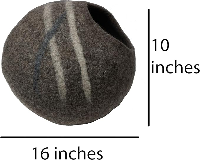 100% Wool Felt Cat Cave Bed Handmade in Nepal with Free Mouse Toy Included (Gray Stripe)