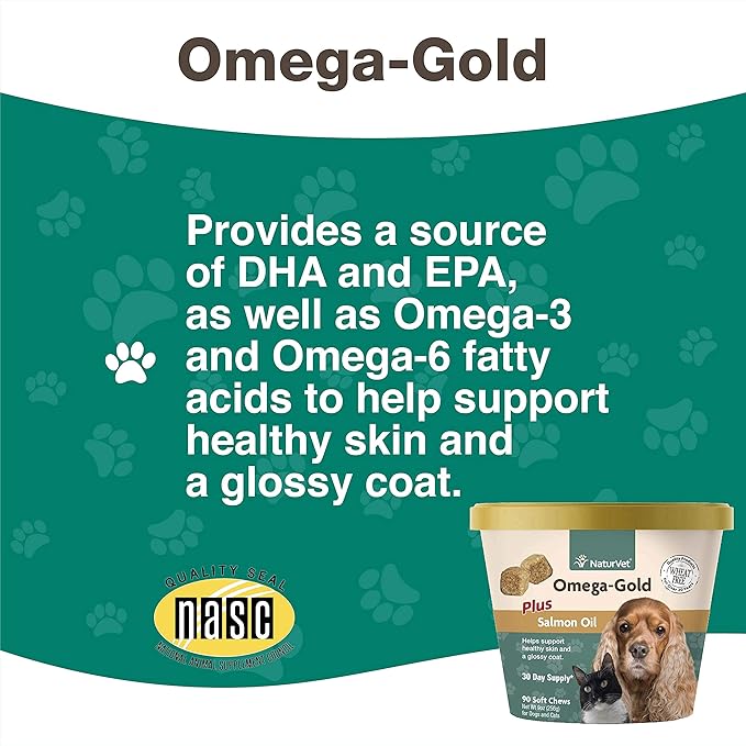 NaturVet – Omega-Gold Plus Salmon Oil | Supports Healthy Skin & Glossy Coat | Enhanced with DHA, EPA, Omega-3 & Omega-6 | for Dogs & Cats | 90 Soft Chews