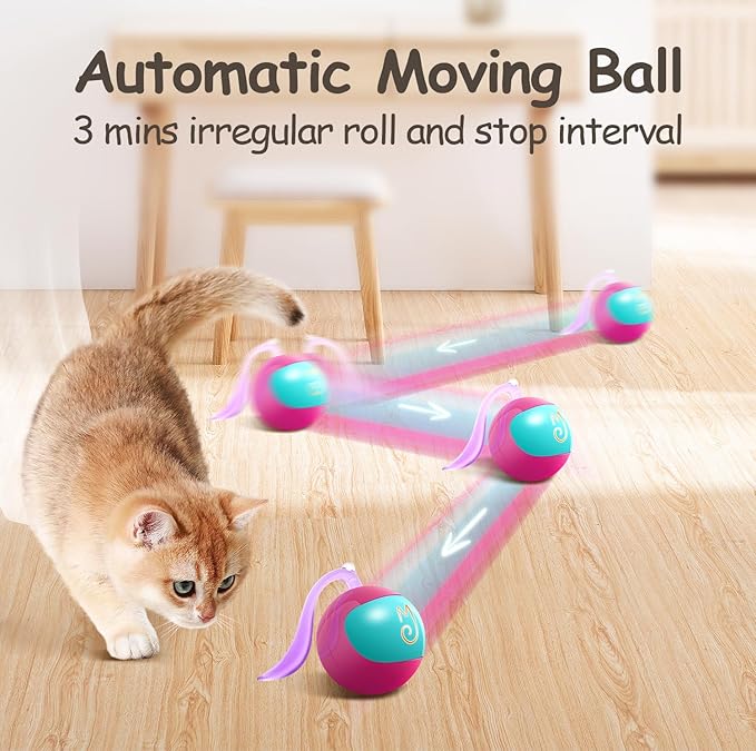 Migipaws Interactive Cat Ball Toy Set, Fun Tracker, Automatic Rolling Chase Ball with Fluffy Tail, A Small Mice, Rechargeable(Rose)