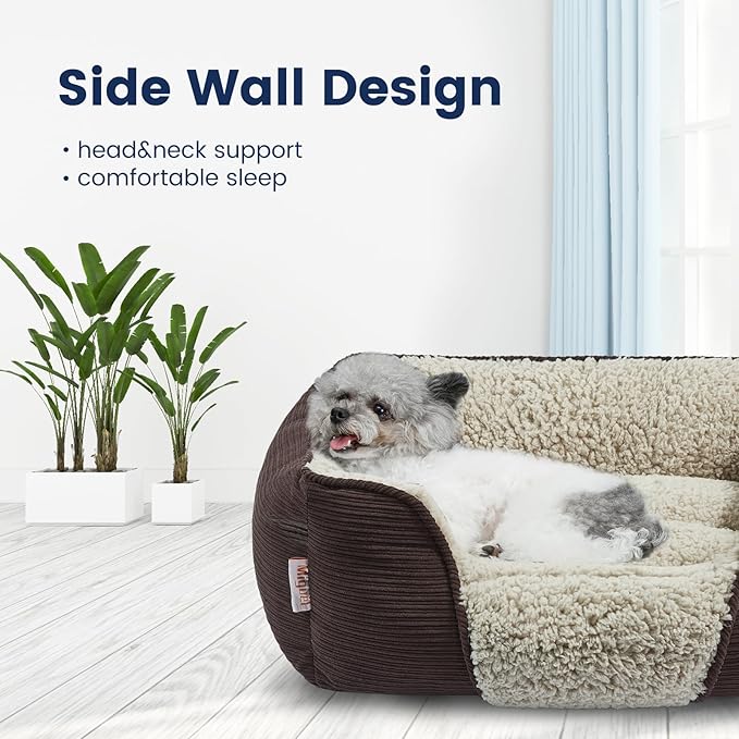 Miguel Washable Dog Bed with Removable Cushion for Small Dogs, Easy to Wash Pet Sofa Bed with Side, Rectangle Bolster Cat Bed Calming Cuddle Puppy Bed with Anti-Slip Bottom, Dark Brown 18 Inch