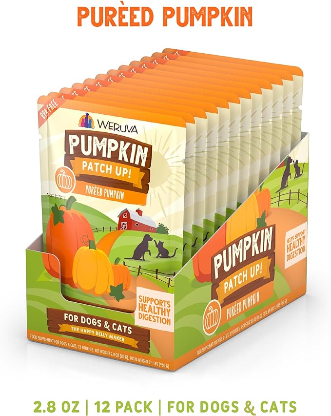 Weruva Pumpkin Patch Up!, Pumpkin Puree Pet Food Supplement for Dogs & Cats, 2.80oz Pouch (Pack of 12)