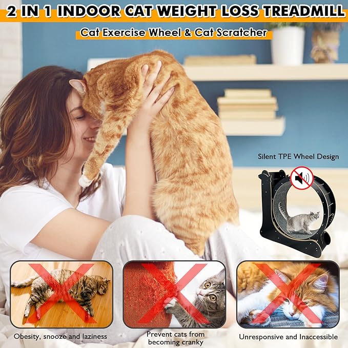 Upgraded 2 in 1 Cat Exercise Wheel,39.4" High Indoor Cat Running Wheel with Cat Scratcher, Cat Treadmill, TPE Silent Wheel, Wooden Cat Sport Exercise Wheel, Black