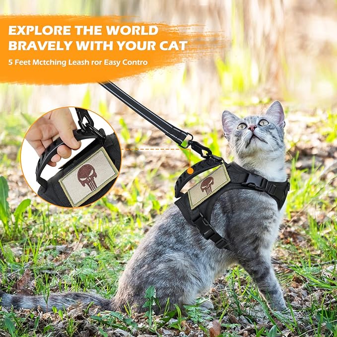Tactical Cat Harness and Leash Set for Walking Escape Proof, Adjustable Large Cat Vest Harness with Molle Patches, Soft Mesh Padding, Rubber Handle Easy to Control Black