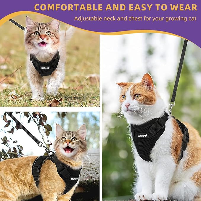Adjustable Cat Harness and Leash Set for Outdoor Walking, Soft Breathable Mesh Cat Harness with Reflective Strips,Escape Proof Safe Cat Vest Harness, Black (S)