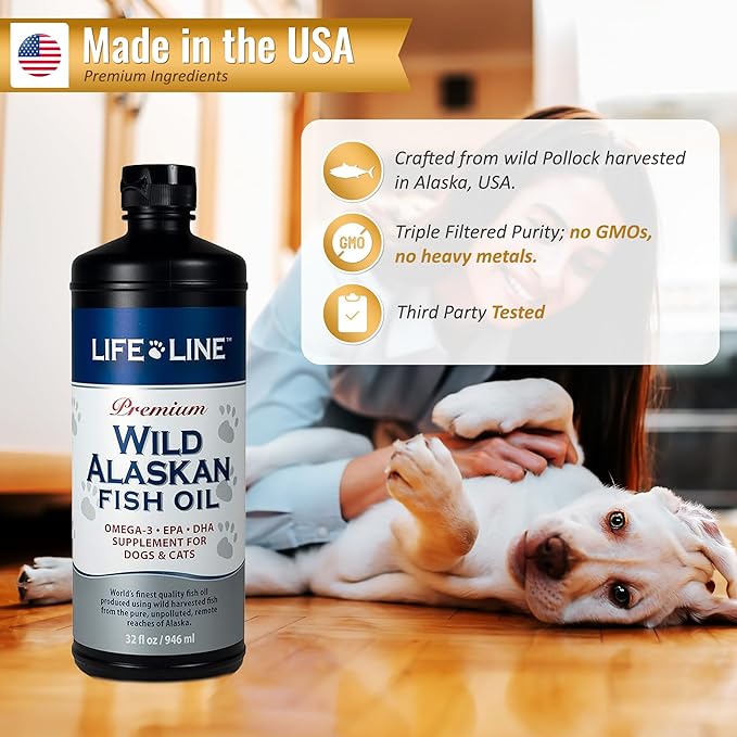 Life Line Pet Nutrition Wild Alaskan Fish Oil Omega-3 Supplement for Skin & Coat – Supports Brain, Eye & Heart Health in Dogs & Cats, 32oz