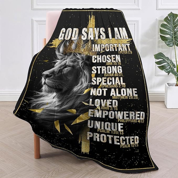 Christian Gifts for Men, God Says i Am Lion Blanket 50"x60", Inspirational Religious Birthday Gifts for Lion and cross Blanket, Christian Faith Jesus God Prayer Bible Verse Gift for Christmas