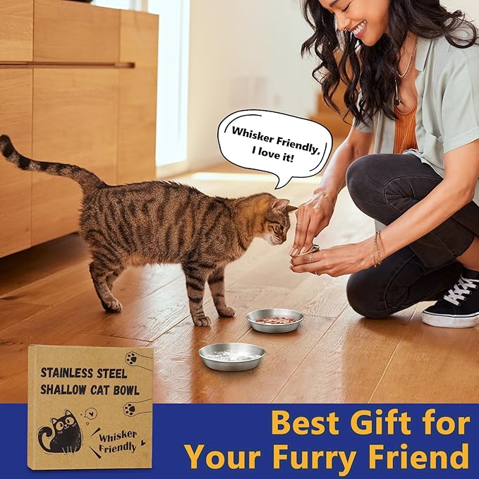 Wide Whisker Friendly Cat Dishes Set 6.7", Stainless Steel Cats Bowls, Shallow Food Bowl, Indoor Kitten Feeding Wet & Dry Food Dish to Prevent Whisker Fatigue(13 OZ) (Cat Bowls, 2 PCS)