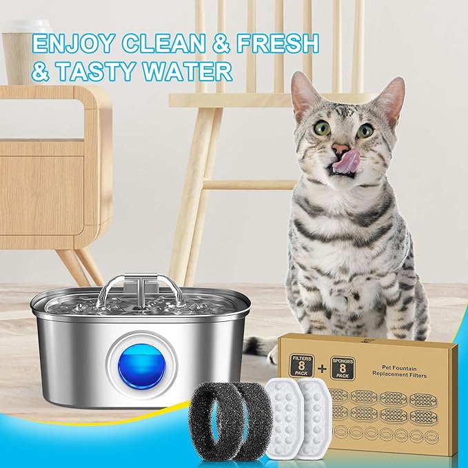16 Pcs Cat Water Fountain Filters Replacement & Pre-Filter Sponges for 108oz/3.2 Stainless Steel Pet Water Fountain with Water Level Window