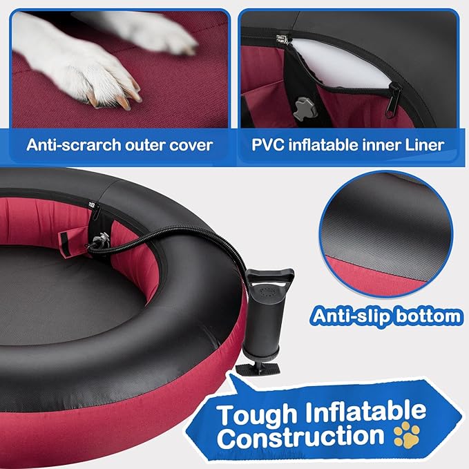 Elevated Dog Bed,Inflatable Dog Bed Raised,Pet Cushion Sofa for Large Dogs,Portable Dog Cot Doughnut Round Stand,Waterproof Dog Bed Frame for Indoor,Outdoor(Red)