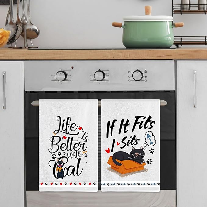 Hexagram Cat Kitchen Towels Set of 4, Funny Cat Mom Gifts for Women Lover, Cute Dish Hand Towels for Housewarming Kitchen Decor